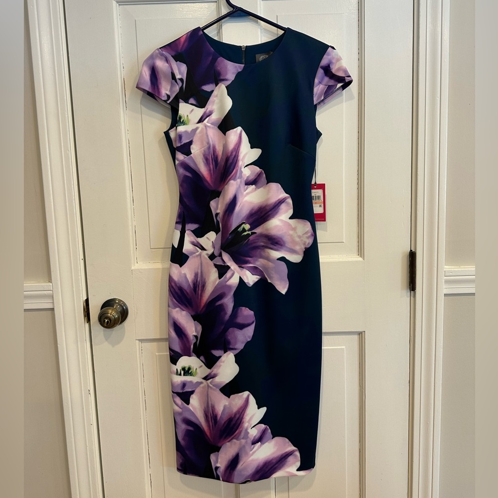 Vince Camuto Navy Midi Dress with Purple Floral Print